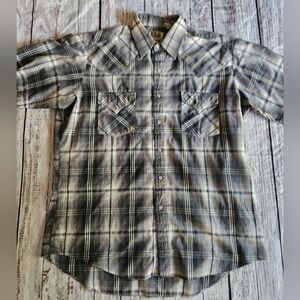 Ely Cattleman Plaid Pearl Snap Western Shirt Gray White Mens L